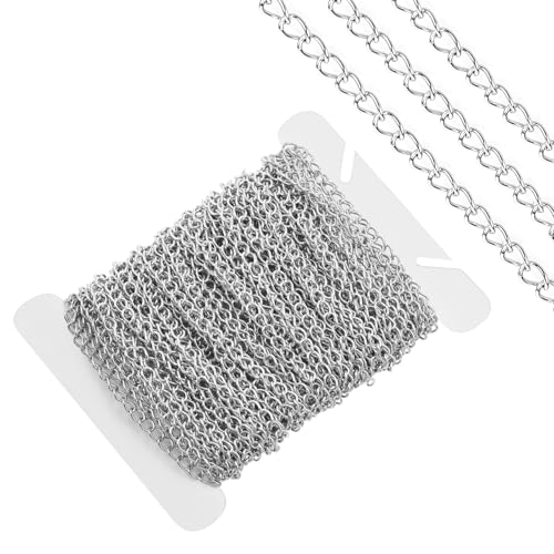 Curb Chain for Jewelry Making 3mm 33 Ft Silver Chain Roll Stainless Steel Necklace Chains Extenders for Women Tarnish Resistant Stainless Steel, Chains Necklace for Pendants Bracelet Making DIY Craft
