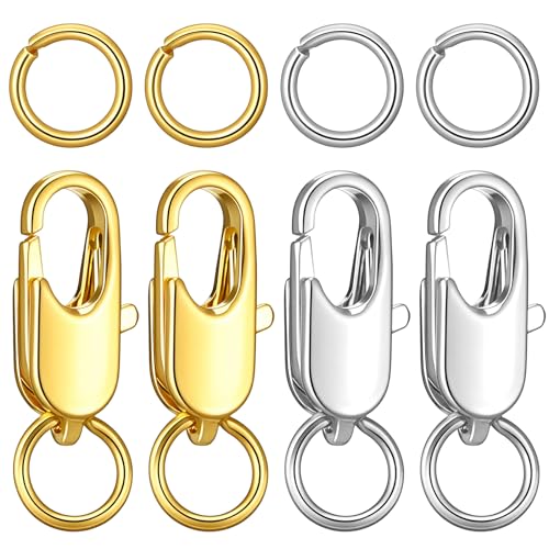 4 Pcs Stainless Steel Lobster Claw Clasps with Jump Rings, No Tarnish Jewelry Findings for Necklace Bracelet Anklet Making, Strong Spring Snap Hooks Closures (12mm/0.47 Inch, Silver + Gold)