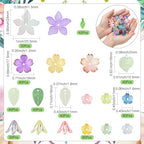 SUNNYCLUE 1 Box 500Pcs Acrylic Flower and Leaf Beads Assorted Floral Beads Kit Green Pink Small Cute Spring Cherry Lily Caps Blossom Spacer for Jewelry Making Bracelet Necklace Decor Adults