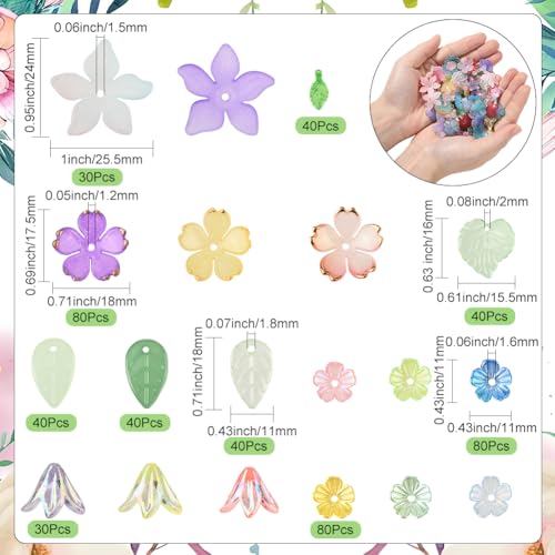 SUNNYCLUE 1 Box 500Pcs Acrylic Flower and Leaf Beads Assorted Floral Beads Kit Green Pink Small Cute Spring Cherry Lily Caps Blossom Spacer for Jewelry Making Bracelet Necklace Decor Adults
