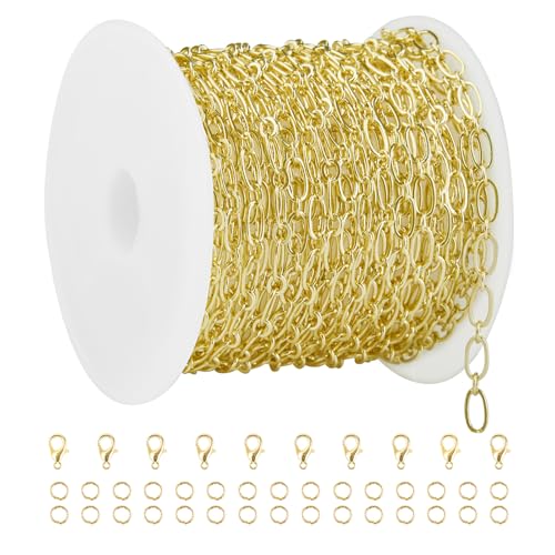 Crisjanggo 16 feet 14K Gold-Plated Brass Jewelry Making Chains Permanent Necklace Chains Roll for Jewelry Making with Jump Rings and Lobster Clasps - color: Oval Gold
