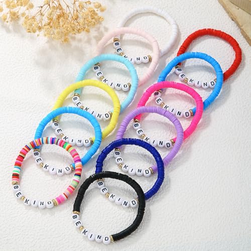 Friendship Bracelets Boho Stackable Bracelets for Women Surfer Heishi Clay Bead Bracelets Stretch Preppy Bracelets Colorful Boho Bracelets for Women - color: BE KIND