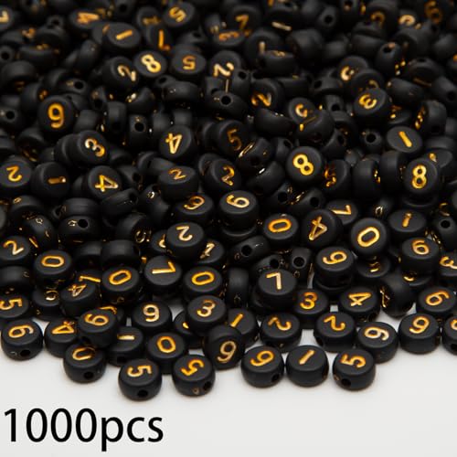 1000Pcs Acrylic Number Beads Round Number Round Beads 4x7mm Mixed Number Beads, for Jewelry Bracelets Necklaces Key Chains Making (Black Gold) - color: Black Gold