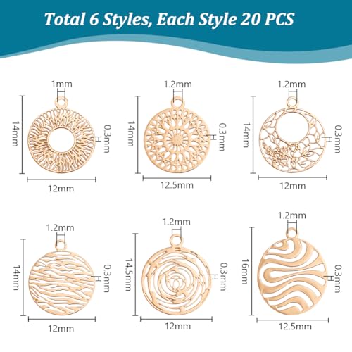 PH PandaHall 120pcs 6 Styles Brass Filigree Pendants, Flat Round Gold Charms Bulk Metal Pendants Hollow Metal Charms for DIY Bracelet Earring Necklace Jewelry Making