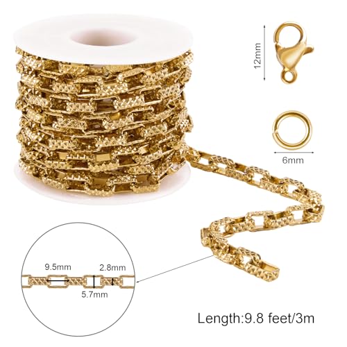 SMYHTGLIF 9.8 Feet Embossed Gold Box Chain for Jewelry Making Stainless Steel Chain Bulk Roll Square Paperclip Link Jewelry Findings - color: Box Gold