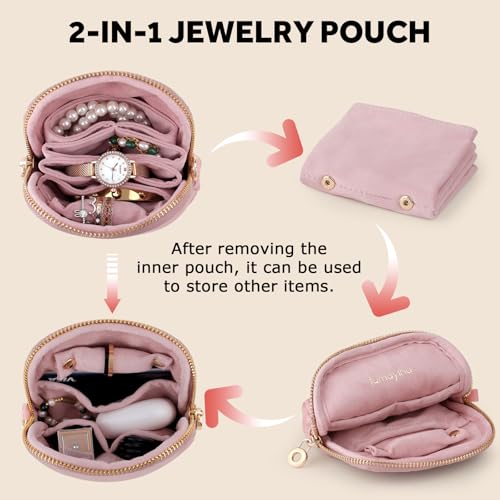 Velvet Travel Jewelry Pouch, 2-in-1 Clamshell Case with Detachable Insert, Portable Travel Jewelry Organizer with Wrist Strap, Converts to Mini Coin Purse, Gift for Women & Girls (Dusty Pink) - color: Dusty Pink