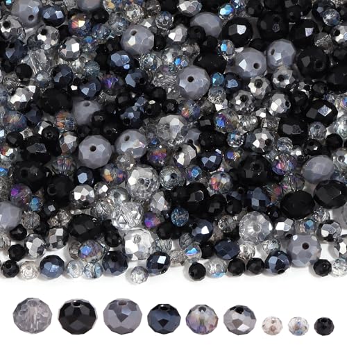 900PCS 4/6/8 mm Assorted Faceted Crystal Glass Beads Set with Fixed Quantity for Each Color for Bracelets Necklaces Earrings Cell Phone Chains Women Jewelry Making,Black - color: Black