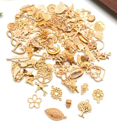 100 Pieces Jewelry Making Charms Pendants for Bracelet Bulk lot Necklace Earrings Keychain Charms Beads DIY Kit Trendy Craft - style: Gold Heart Butterfly