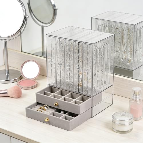 Greenfeather Jewelry Organizer with 7 Removable Drawers, Clear Acrylic Jewelry Box with 40 Necklace Hooks 120 Pairs of Earring Holes 2 Velvet-Lined Drawers for Rings Necklaces Earrings - color: Gray-Style A