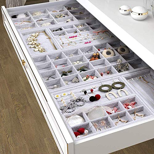 Grey Velvet Stackable 30 Compartments Jewelry Tray Showcase Display Organizer Holder Rectangle Storage Box Case Containers Chest for Women Crystal Stone,Stud Drop Earring,Watch,Bead,Trinket,Diamond - color: Grey 30 Grid