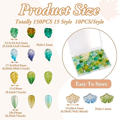 Beadthoven 150Pcs Leaf Beads 15 Styles Baking Paint Glass Pendants Transparent Green Leaf Beads Caps with Hole for Bracelet Earring Necklace Crafts Jewelry Making DIY Accessories - color: Leaf-15 Styles