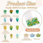 Beadthoven 150Pcs Leaf Beads 15 Styles Baking Paint Glass Pendants Transparent Green Leaf Beads Caps with Hole for Bracelet Earring Necklace Crafts Jewelry Making DIY Accessories - color: Leaf-15 Styles