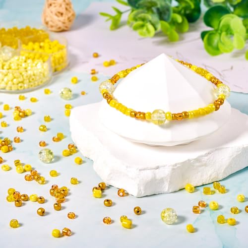 Craftdady 90g Small Glass Seed Beads 6/0 Yellow Bracelet Beads Tiny Round Loose Spacer Beads Handmade Craft Beads with 22pcs 8mm Round Glass Beads for DIY Necklace Jewelry Making