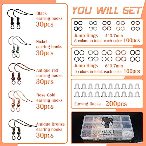 TOAOB 150pcs Hypoallergenic Earring Hooks Mixed Colors Ear Wire Hooks Earring Making Kit with 1000pcs Open Jump Rings 200pcs Earrings Backs for Jewelry Making Findings - color: Bronze/Antique red/Rose gold/Nickel/Black