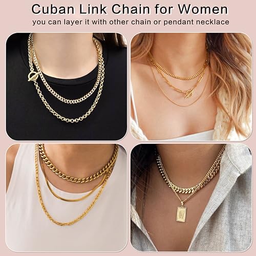 WomenGifts Cuban Link Chain Necklace for Women, Waterproof 14k Gold Silver Plated Chain Choker, Non Tarnish Stainless Steel Jewelry, 3.5/5/6/8/11mm,14/16/18 Inch Thin&Chunky&Thick - color: Gold, style: 5MM-16"