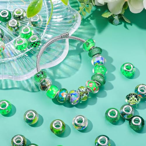 100 Pieces Assorted European Large Hole Fairy Wand Garden Beads, Mixed Color Lampwork Spacer Craft Beads for DIY Jewelry Making Supplies (Green) - color: Green