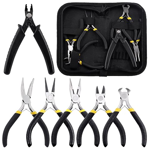 6Pcs Jewelry Pliers Set Includes Round Nose Pliers, Bent Nose Pliers, Needle Nose Pliers, Crimping Pliers, End Nippers and Wire Cutters for Jewelry Making and Repairing