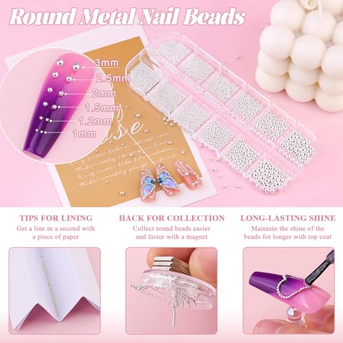 1-3MM Mini Small Nail Beads Metal Caviar Beads Silver Nail Charms and Gems Ball, Nail Balls for Nail Art Accessories Supplies Gold Rhinestones for Women Manicure - color: 14 Small Silver Nail Beads