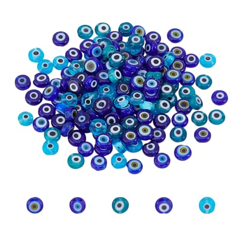 NBEADS 150 Pcs 5 Colors Handmade Evil Eye Lampwork Beads, 6mm Flat Round/Disc Turkish Eye Beads Loose Glass Spacer Beads for DIY Bracelets Necklace Jewelry Making - size: 6mm