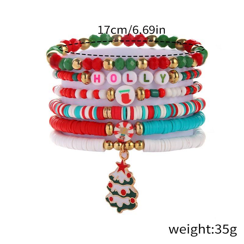 2024 Christmas Rainbow Beads Bracelet Set Colorful Santa Claus Snow Christmas Tree Pendant Bracelet Handmade Polymer Clay Disc Beaded Stackable Stretch Bracelet for Women Xmas Party Jewelry Gift
