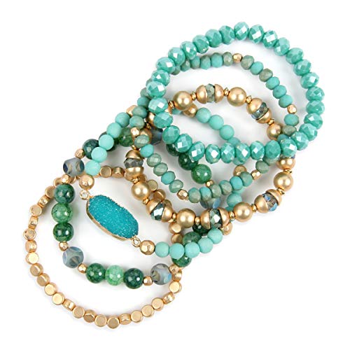 RIAH FASHION Bohemian Acrylic Druzy Multi-Layer Bead Statement Bracelet - Versatile Faux Stone Pendant Stretch Strand Stackable Cuff Bangle Set Sparkly Crystal - color: Bohemian Oval Druzy Set - Turquoise