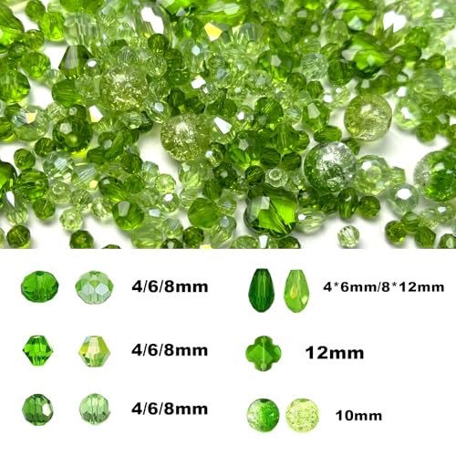 1000pcs Green Beads, Glass Beads for Jewelry Making, Green Assorted Crystal Faceted Bicone Teardrop Crackle Clover Loose Shiny Beads for Earring, Necklace, Bracelet, Plant Crafts DIY, Home Decor