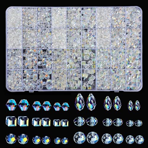 2420pcs Glass Crystal Beads, Assorted Clear Faceted Crystal Suncatcher Beads for Jewelry Making Bracelets Necklace Earring DIY Crafts, New AB Color