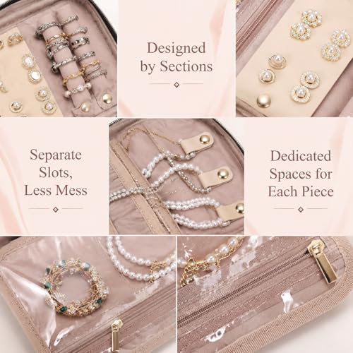 Jewelry Travel Case Organizer for Necklaces, Earrings, Rings, Bracelet, Watch, Soft Sided, Pink - color: Pink