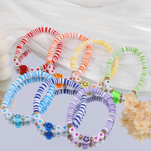 Rainbow Heishi Surfer Bracelets Set for Women Stackable Clay Beaded Bracelets Disc Stretch Preppy Bracelets Layering Colorful Friendship Bracelets Team Cheer Bulk Boho Summer Beach Jewelry Gift - style: Smiley Face with Heart