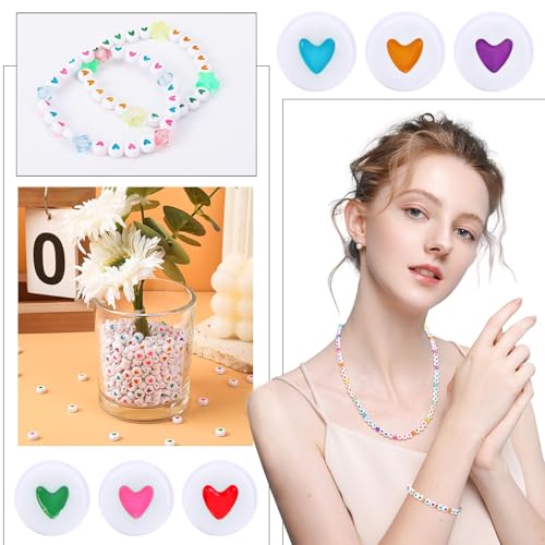 Augshy 700Pcs Round Heart Beads,Valentine's Day Acrylic Heart Beads for Bracelets Jewelry Making Lanyard Necklace Friendship Bracelets(4 x 7 mm) - style: Colorful Heart Style