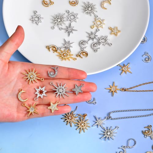 stino 48/56 Pieces Jewelry Celestial Charms Set, Silver & Gold Plated Moon Star Sun Pendants, DIY Jewelry Making Accessories - style: Rhinestone