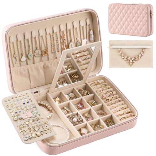 Lolalet Travel Jewelry Case for Women Girls, Travel Jewelry Organizer Box with Mirror & Clear Storage Bag, Small Portable Earring Necklace Bracelet Ring Case, Birthday Valentine Gifts -Large, Pink - color: Pink, size: Large (10"W*6.69"D*2.17"H)