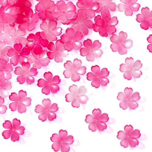 100pcs Cherry Blossom Beads, 5-Petal Gradient Acrylic Flower Beads, Mini Spacer Hair Accessories Halloween Christmas for Bracelets Earring Jewelry Making- Pink - color: Pink