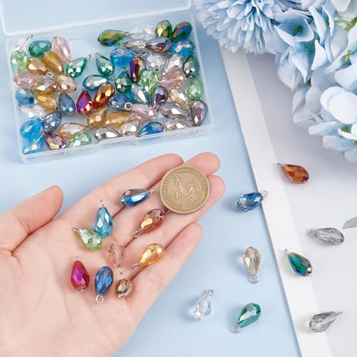 PH PandaHall 70pcs 14 Colors Faceted Teardrop Charms 20mm AB Color Glass Crystal Pendants, Glass Charms Beads Dangle Pendants for Necklace Earring Bracelet Jewelry Craft Making