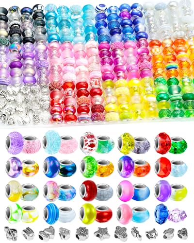 231PCS FIVEIZERO European Large Hole Beads for Jewelry Making – 12 Colors Glass Big Hole Spacer Beads with Metal Charms for Bracelets, Necklaces, Pens & DIY Crafts - color: 231PCS (20 Styles per Color)