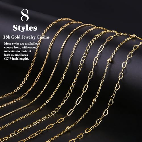 18k Gold Necklace Chains for Jewelry Making, 52.5 Feet 8 Rolls Bracelet Chains for DIY,6.5 Feet Each Style, Gold Plated Chain with Jump Rings/Lobster Clasps/Connectors - color: 18k Gold-52.5 Feet 8 Rolls