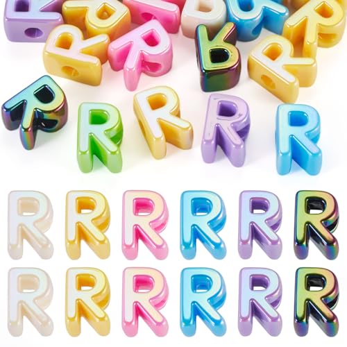 Beadthoven 20pcs Big Letter R Beads Large Hole Bubble Alphabet Acrylic Beads Charm Iridescent Plastic R Shape Loose Chunky Spacers for Jewelry Making Bracelet Necklace Keychains Shoelaces Crafts - color: R