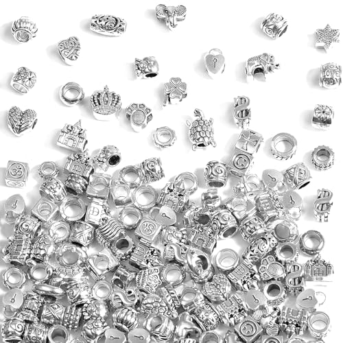 120Pcs Large Hole Metal Spacer Beads for Jewelry Making, Silver & Gold Findings for Bracelet, Large Hole & Mixed Style (Silver) - color: 120Pcs Silver