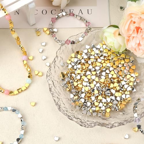 Augshy 700Pcs Silver Gold Heart Beads, Heart Spacer Beads for Bracelets Jewelry Bracelet Making Birthday Party Necklace Friendship DIY Crafts - style: Gold Silver Heart Style