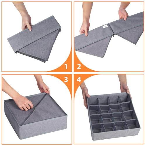 Criusia 3 Pack Sock Underwear Drawer Organizer Dividers, 64 Cell Fabric Foldable Dresser Organizer for Closet Organizers and Storage Boxes for Organizing Socks, Underwear, Ties (16+24+24 Cell, Gray)