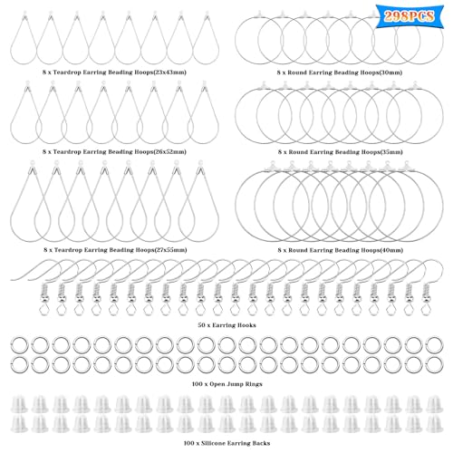 298Pcs Earrings Beading Hoop Set with 48 Teardrop Round Beading Hoop, 50 Hooks, 100 Jump Ring, 100 Ear Backs for DIY Jewelry Making Earring Making Supplies (White K) - color: 298Pcs-White K