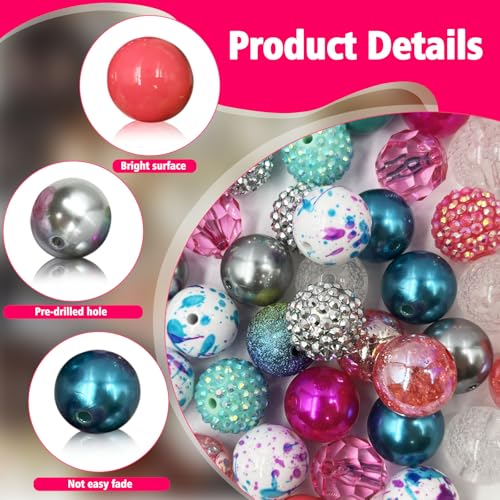 50Pcs Chunky Bubblegum Beads, 20mm Chunky Bubble Gum Beads for DIY Beadable Pens Bracelets Necklaces Pearl Beaded Craft Jewelry Making (Fuchsia&Silver) - color: Rose Red+Silver+Blue