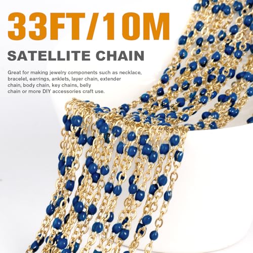 33 Feet Gold Enamel Chains Bulk, 2mm 18K Gold PVD Plated 304 Stainless Steel Navy Blue Enamel Beaded Cable Link Chain Roll Spool for Jewelry Making - color: Gold Navy Blue Beads