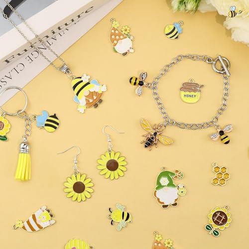 40Pcs Cartoon Enamel Bee Charms Set, 20 Styles Assorted Honeybee Honeycomb & Gnome Alloy Pendants for Jewelry Making Crafts DIY Necklace Bracelet Keychain Crafting Charms Kit