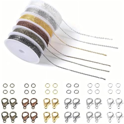 8 Roll Necklace Chains, 8 Colors Jewelry Making Metal Chains with Open Jump Rings & Lobster Clasps for Jewelry Making DIY Necklace Bracelet Anklet - color: 8 Roll