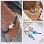 60 Pcs Turquoise Cross Beads Turquoise Stone Beads Small Cross Bead Charms Turquoise White Black Cross Crucifix Spacer Beads for Easter Holiday Bracelet Necklace Jewelry Making - color: Black/White/Blue