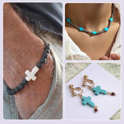 60 Pcs Turquoise Cross Beads Turquoise Stone Beads Small Cross Bead Charms Turquoise White Black Cross Crucifix Spacer Beads for Easter Holiday Bracelet Necklace Jewelry Making - color: Black/White/Blue