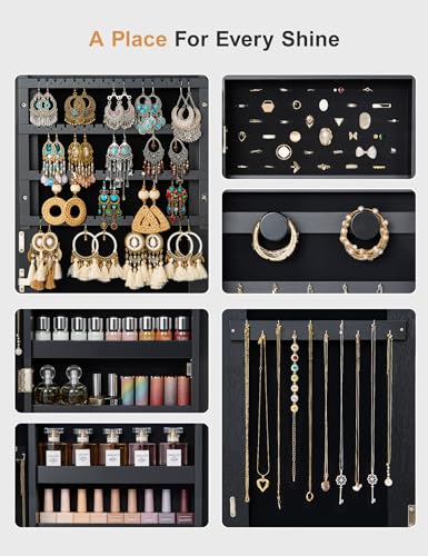 Nicetree Mirror Jewelry Cabinet Standing, Lockable Jewelry Cabinet Armoire with 2 Drawers, Full Length Mirror with Jewelry Storage, Christmas Gifts, Black - color: Black