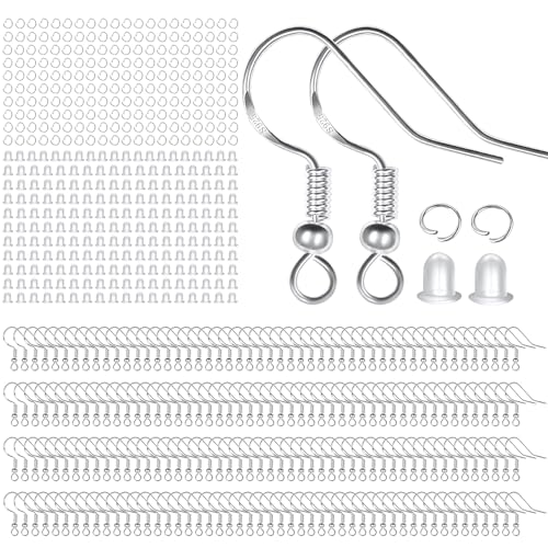 925 Sterling Silver Earring Hooks, 600PCS Earring Making kit 200PCS/100Pairs Hypoallergenic Ear Wires with 200PCS Silver Open Jump Rings and 200PCS Rubber Backs Earring Backs for Jewelry Making - size: 600pcs-Silver