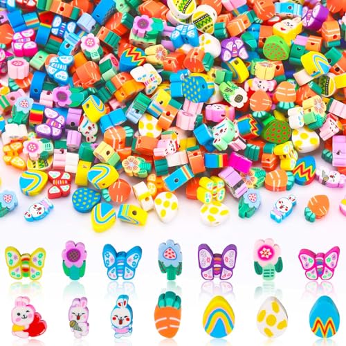 SEPGLITTER Easter Polymer Clay Beads,300pcs Bunny Flowers Carrots Eggs Butterflies Mixed Spacer Beads for Spring Easter Jewelry Making DIY Bracelet Necklace Accessories Craft Party Supplies - color: Multi